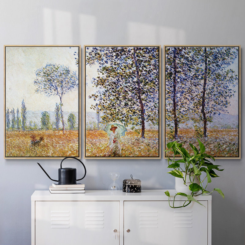 «Poplars In The Sunlight» par Monet, reproduction sur toile 3 pièces, H 40 po x l 78 po, Encadré naturel