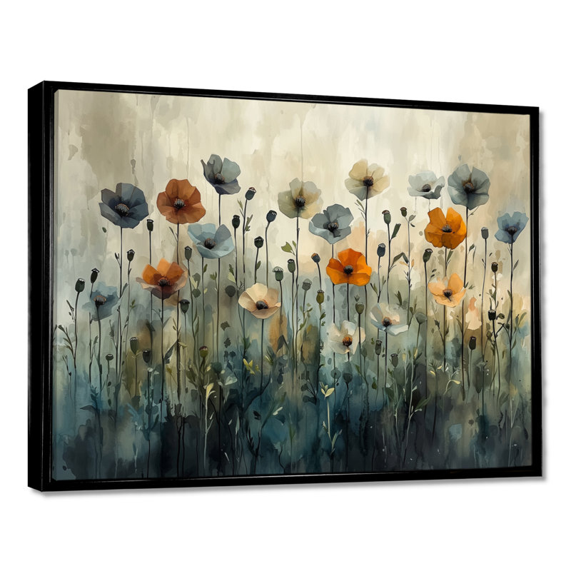 Hiver, minimalisme, coquelicots, champ III - coquelicots, art mural, H 12 po x l 20 po, Cadre flottant noir