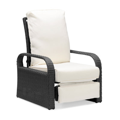 Fauteuil inclinable d'extérieur de jardin, fauteuil inclinable automatique réglable en osier avec coussin confortable, structure en aluminium toutes saisons, osier et coussin beige