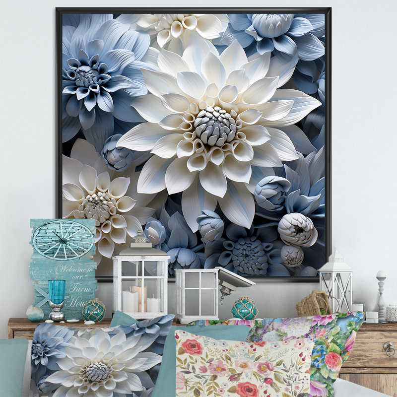 «Blue and White Dahlia Blossom Delight I», reproduction sur toile, Cadre flottant noir, H 30 po x l 30 po x P 1 po