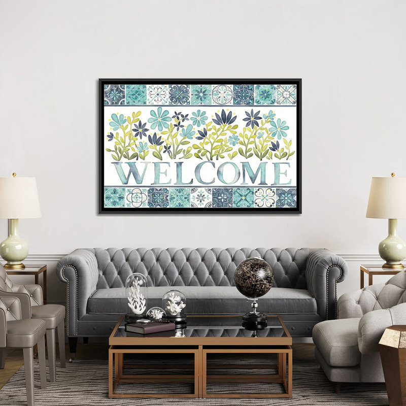 «Garden Getaway Welcome», impression sur toile, H 18 po x l 26 po x P 1,5 po, Toile avec cadre noir, Pas de tapis