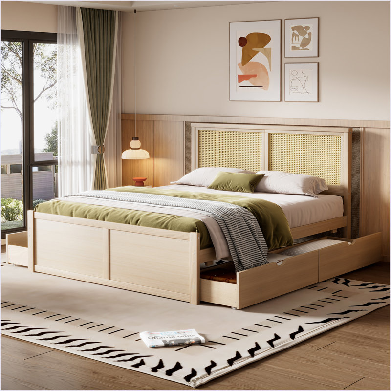 Lit plateforme avec rangement en bois 4 tiroirs, Nature, Grand lit