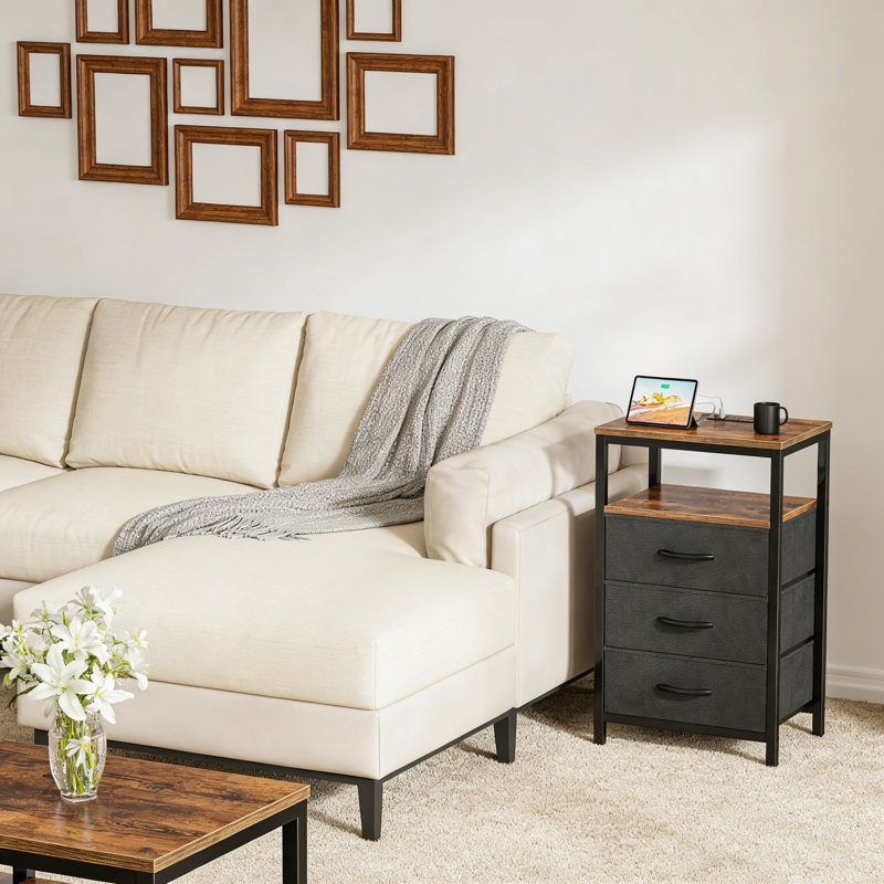 Table de chevet moderne avec station de charge, tiroirs en tissu et ports USB, noir anthracite, Brun / Noir