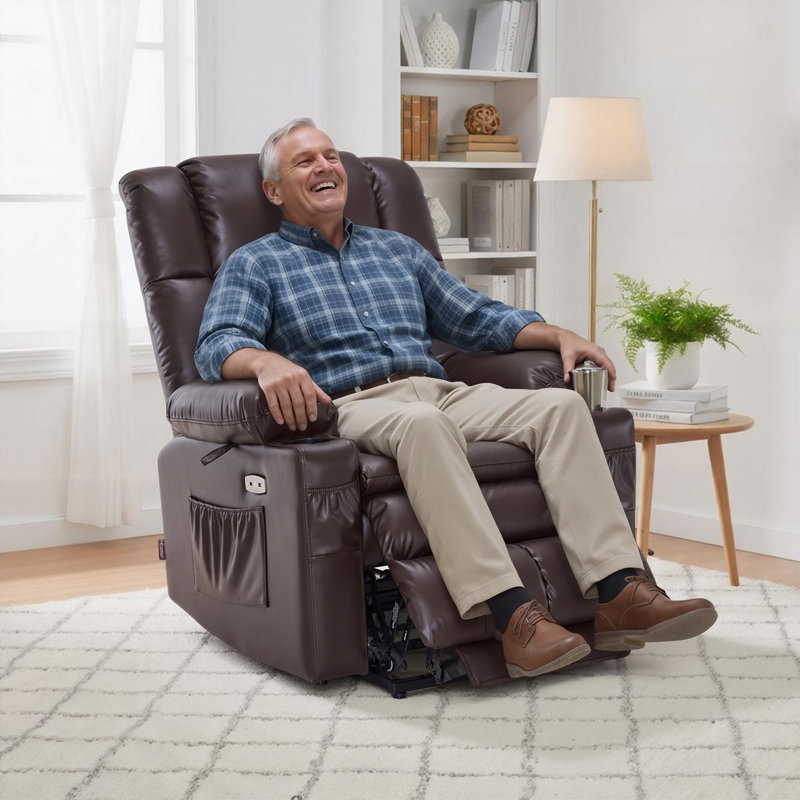 MCombo Dual Motor Power Lift Recliner Infinite Position With Heat And Massage, Faux Leather, Dark Brown