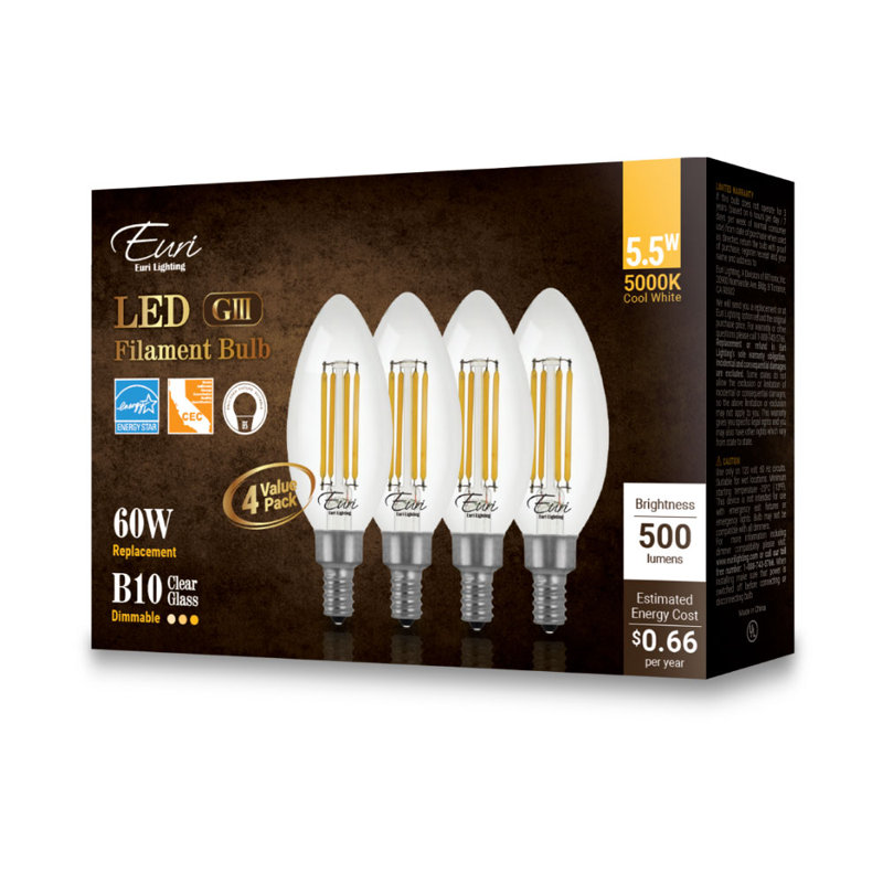 5.5 Watt (60 Watt Equivalent) B10 Dimmable Light Bulb Selectable CCT E12/Candelabra Base