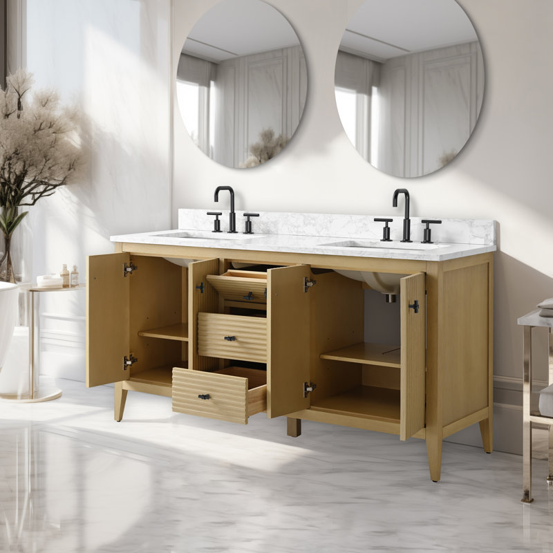 Ensemble de meuble-lavabo autoportant à double cuve 60 po avec plateau en marbre lavabo Lavallon, Chêne naturel linéaire