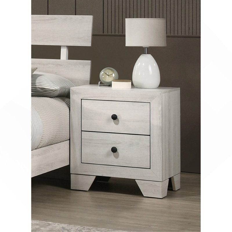 1Pc Rustic Two Drawers Storage Nightstand Wooden Bedroom Furniture, White