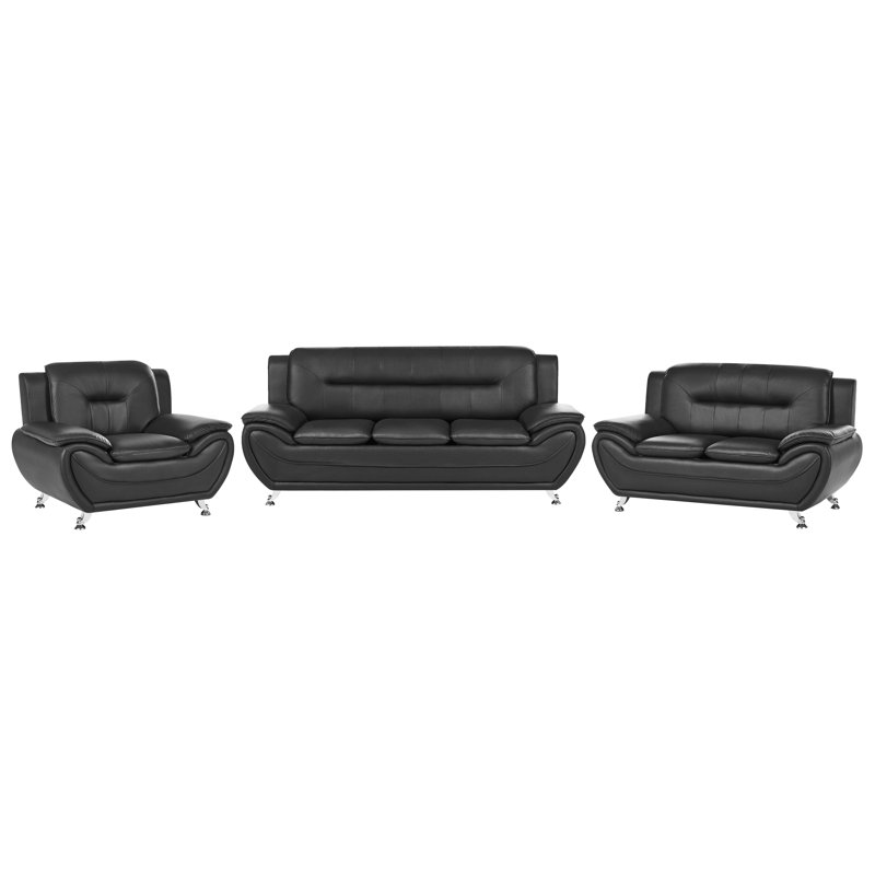 Leira 3 Piece Faux Leather Standard Living Room Set, Black