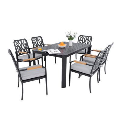 7PC Outdoor Patio Aluminum Furniture Set, Modern Dining Set With 6 Dining Chairs Sunbrella Fabric Cushioned, Nature-Inspired Branch-Like Backrest, Rectangular Table With Umbrella Hole,Bourbon Brown