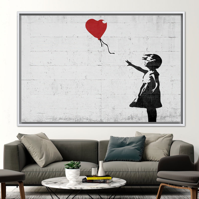 Modern Banksy Balloon Girl Canvas Print - Abstract Graffiti Wall Art for Home Decor, White, Floater Framed Print without Mat