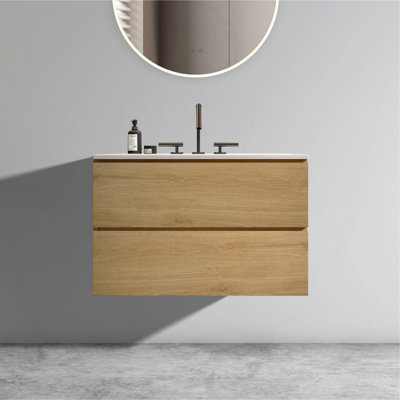 Meuble-lavabo mural de 30 po avec lavabo en céramique avec trois trous de robinet, grand meuble-lavabo flottant de rangement pour salle de bain moderne, pré-assemblé