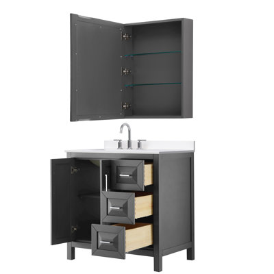 Meuble-lavabo simple 36 po Daria gris foncé, comptoir en marbre de culture blanc, lavabo carré encastré (3 trous), garniture en chrome poli, armoire à pharmacie