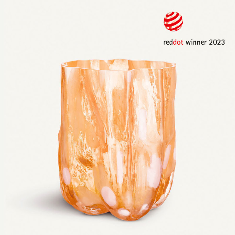 Crackle Glass Table Vase, Amber/Flamingo, 10.63" H x 7.87" W x 7.87" D