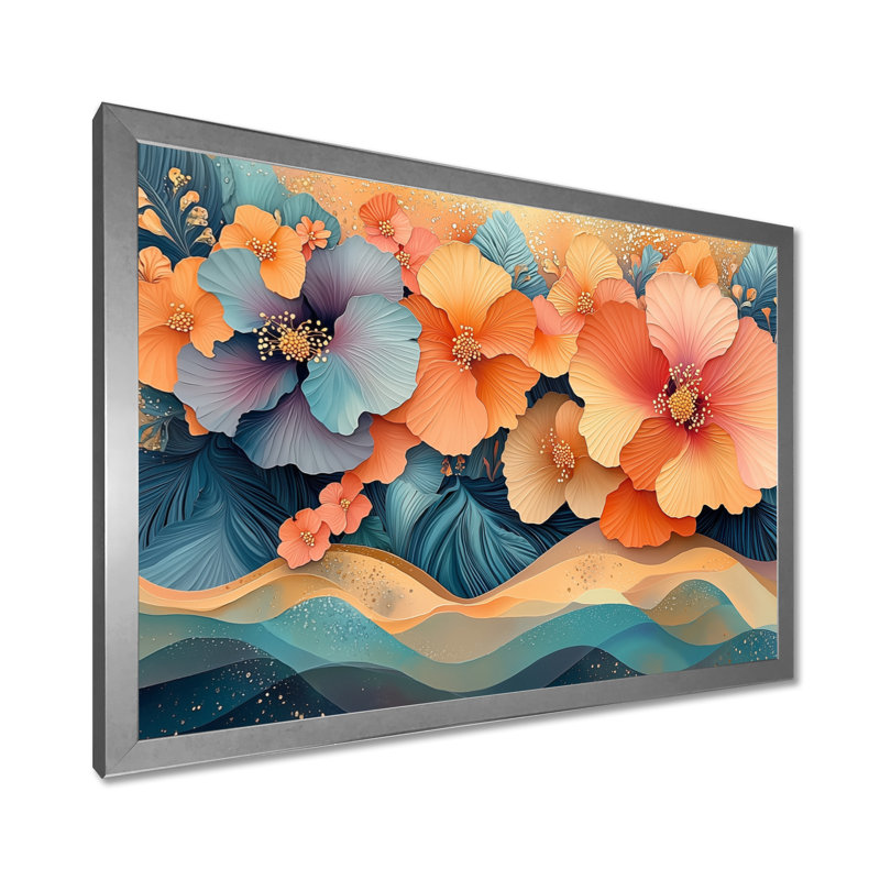 Hibisuc tropical dans une symphonie côtière I - Hibiscus, art mural, Reproduction encadrée d'une seule photo, Argent argent