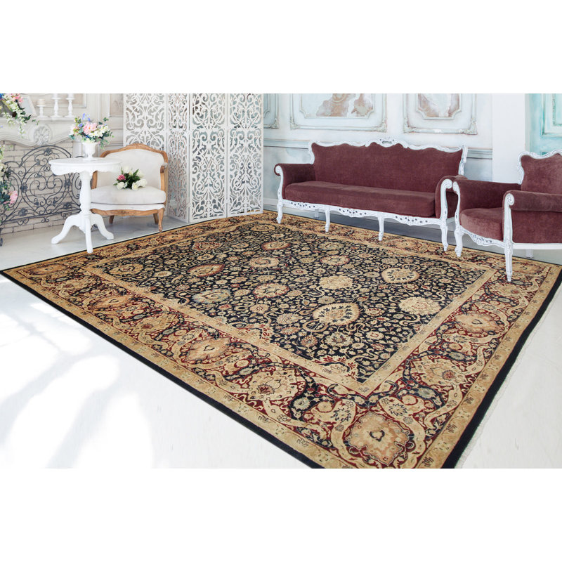 Tapis bleu marine en laine noué à la main de conception unique 9 pi 1 po x 11 pi 11 po Anmol Agra
