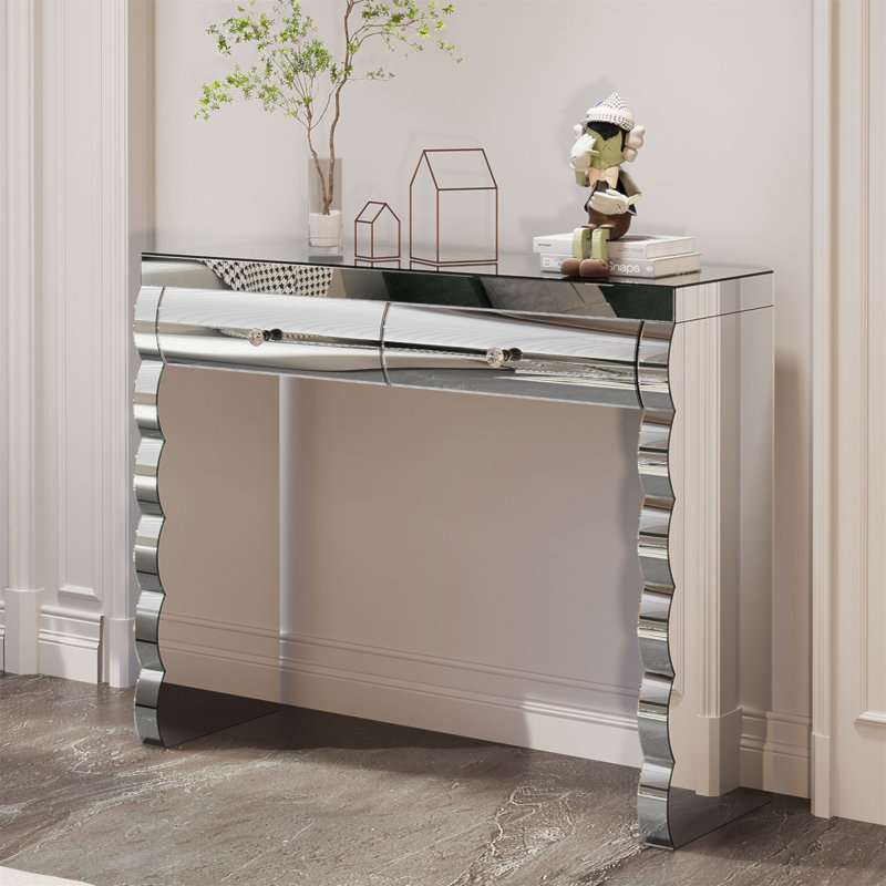 Console à miroir, coiffeuse argentée pour miroir courbé au four avec 2 tiroirs, table d'appoint décorative en miroir convenant au couloir et au salon, coiffeuse à miroir