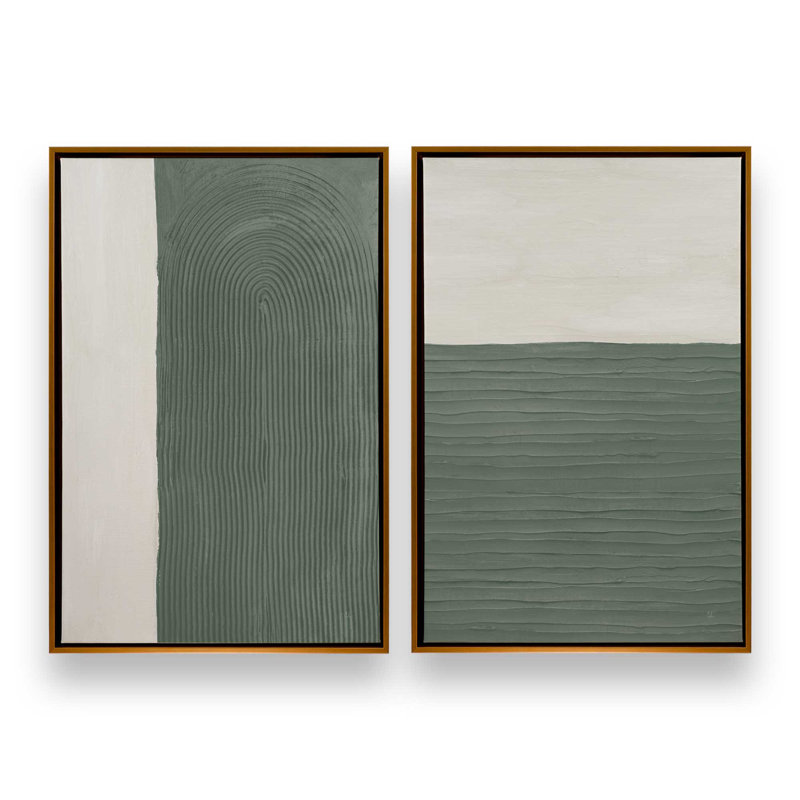 16 "x 16" texturé Emerald Echoes, ensemble de 2 impressions sur toile dans un cadre blanc, Cadre flottant or poli
