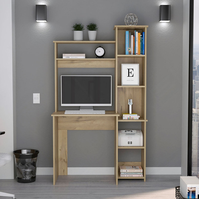 Bureau d'écriture en chêne clair à 6 tablettes avec bibliothèque intégrée, Light Oak