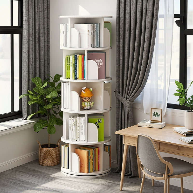 5 Tier 360° Rotating Bookshelf Tower - Space-Saving Round Spinning Display Shelf for Bedroom/Living Room/Office/Home, White