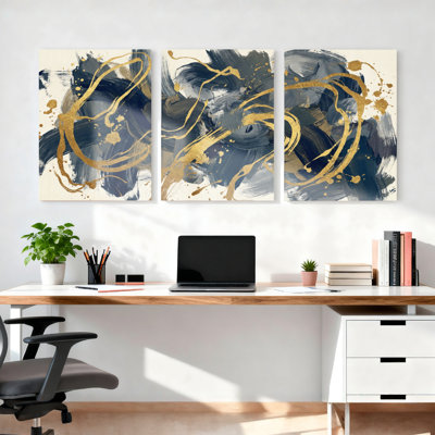 Abstrait or et bleu marine coup de pinceau sur toile tendue, ensemble de 3 reproductions de peintures à l'huile pour salon, chambre à coucher ou bureau