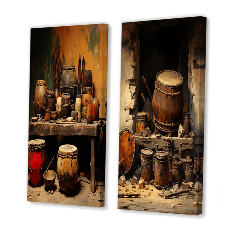 «Brown Music Drums Rhythm Revicat I», ensemble de 2 impressions sur toile, Toile tendue, H 28 po x l 25 po