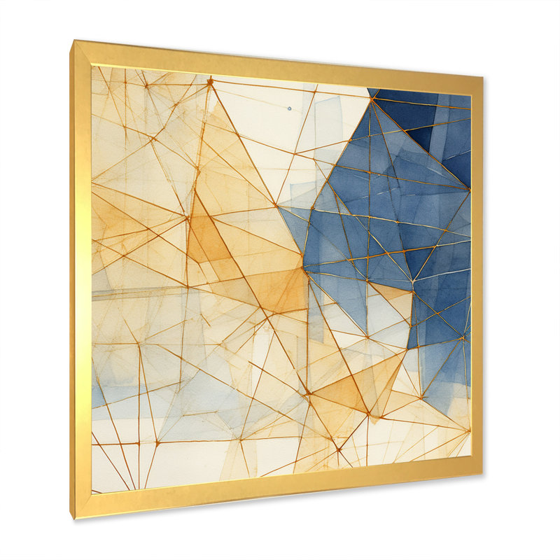 Art mural minimaliste bleu et or II - formes abstraites, Cadre doré à une seule photo, H 32 po x l 24 po x P 1 po