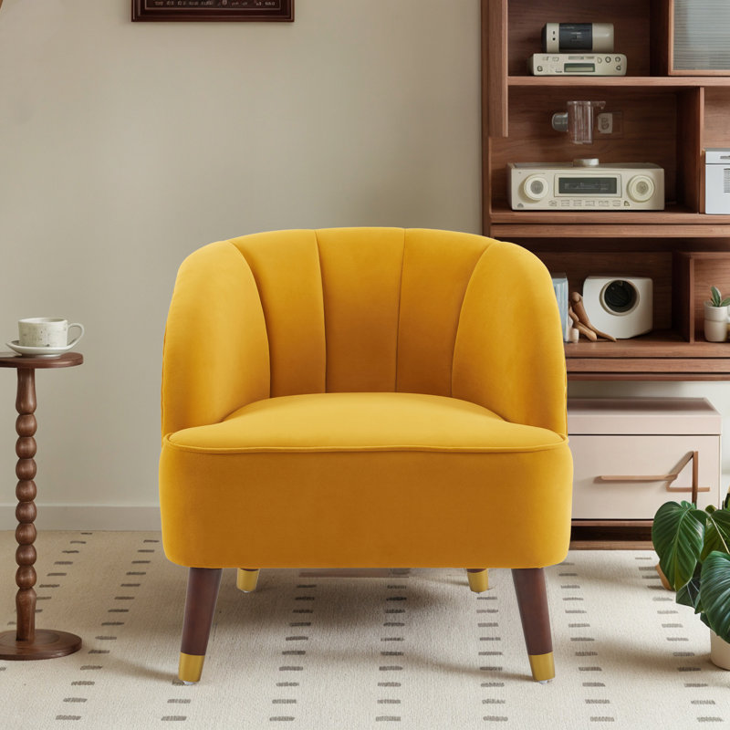 Gabrianna Upholstered Barrel Channel Chair With Wooden Legs, Orange Polyester