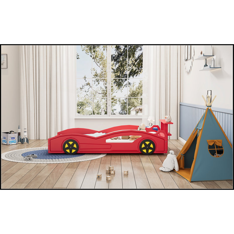 Lit de voiture de course en bois, lit plateforme simple en forme de voiture avec roues pour adolescents, rouge et jaune, design accrocheur et fonctionnel