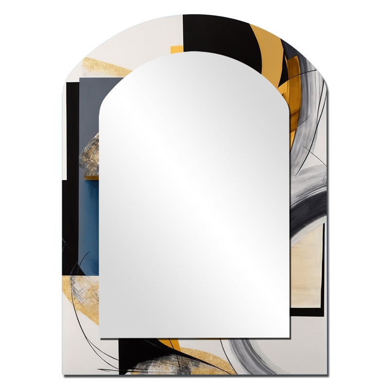 Glam doré et noir Expression IV - miroir décoratif en arc abstrait à spirales abstraites, miroir asymétrique moderne, impression d'art en métal
