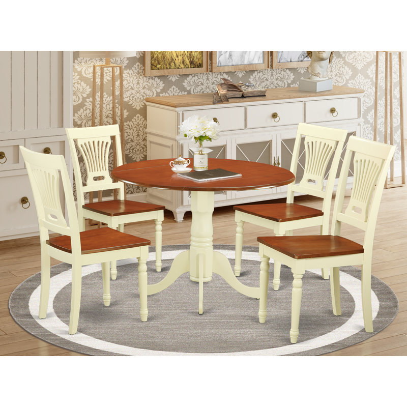 5 Piece Modern Dining Table Set Includes a Round Wooden Table with Dropleaf and 4 Dining Chairs, Buttermilk & Cherry