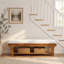 Banc d'entrée rustique en bois massif de 150 cm, banquette rembourrée en tissu bouclé avec étagère à chaussures à lattes