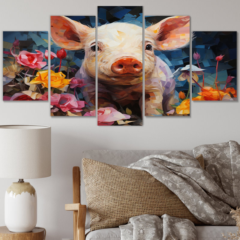 Pink Curious Piglet Collage - Animals Wall Decor - 5 Panels