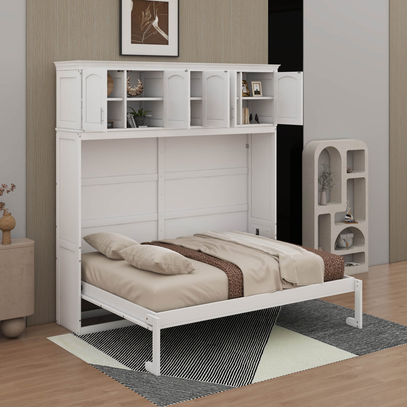 Grand lit escamotable avec armoires supérieures, Blanc