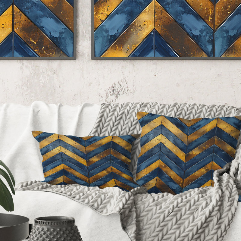 Blue Gold Glamour Chevron I - Midcentury Throw Pillow, 16"H x 16"W