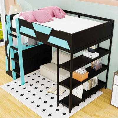 Loft Bed with Desk, Shelves, LED Lights and USB Ports