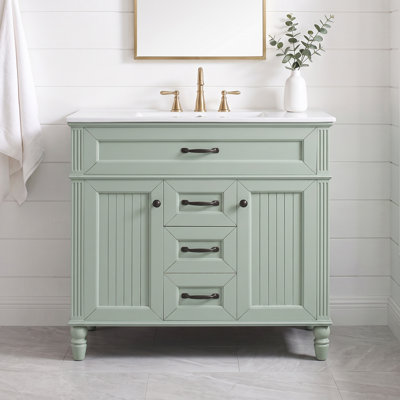 Meuble-lavabo autoportant moderne 36 po en blanc avec lavabo intégré en céramique, 2 tiroirs de rangement, portes à fermeture en douceur, tiroir supérieur rabattable