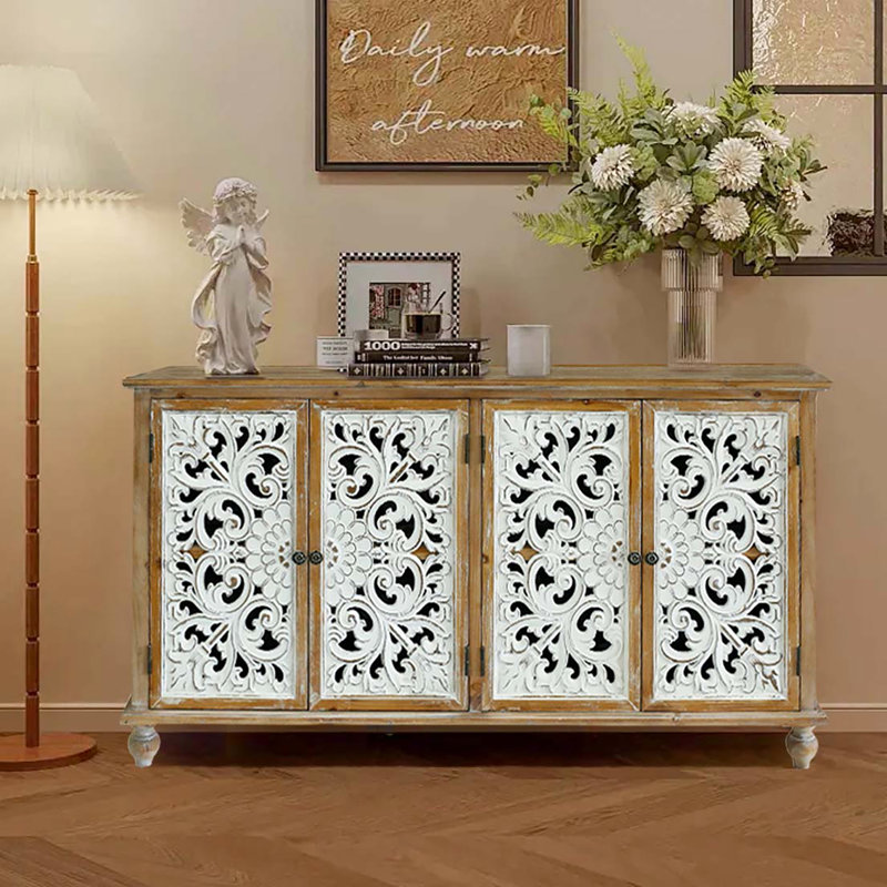 Modern Accent Cabinet - 4 Door Sideboard With Storage. Antique Natural, Distressed Design, Eye-Catching Storage Sideboard. Style, Fits Living Room, Entryway