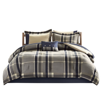 Twin Plaid Comforter With Bed Sheets - Modern Color, Bedding Contrasting Flange, Quality