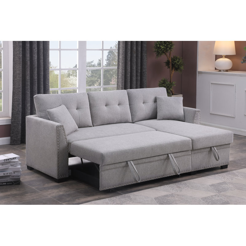 Canapé-lit modulaire réversible de 81,5 po de largeur (lit gigogne) avec méridienne de rangement, Tissu gris pâle
