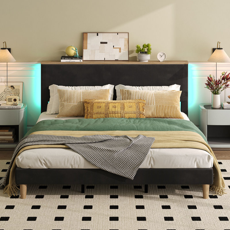 Samiha Upholstered Platform Bed with LED Lighting Headboard, King, Black
