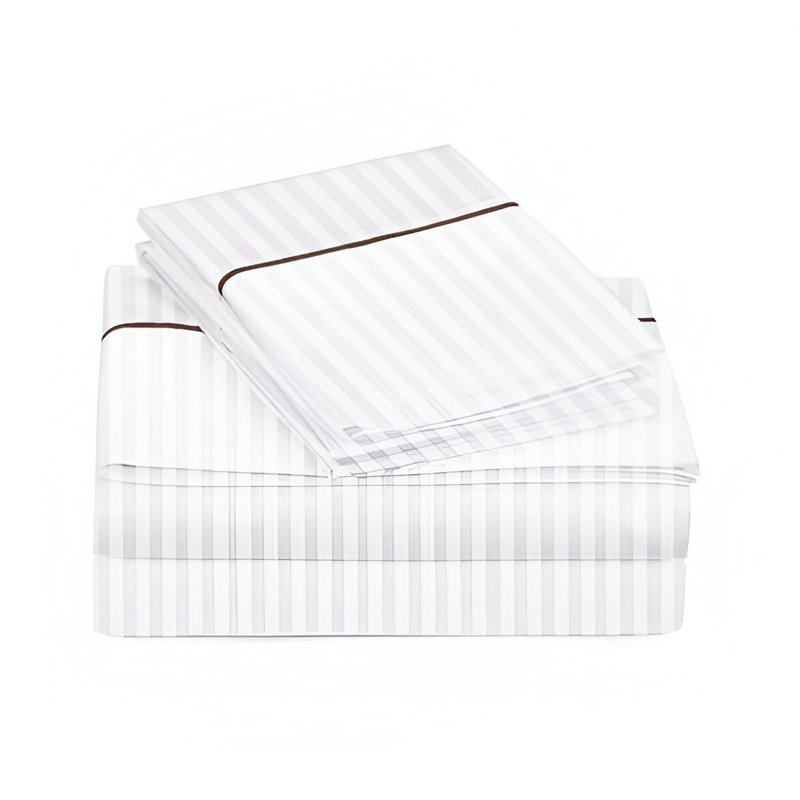 400TC Single Embroidery Sateen Stripe Cotton 4 Piece Sheet Set Fitted Sheet Fits Upto 16" Deep Pocket, Chocolate Border