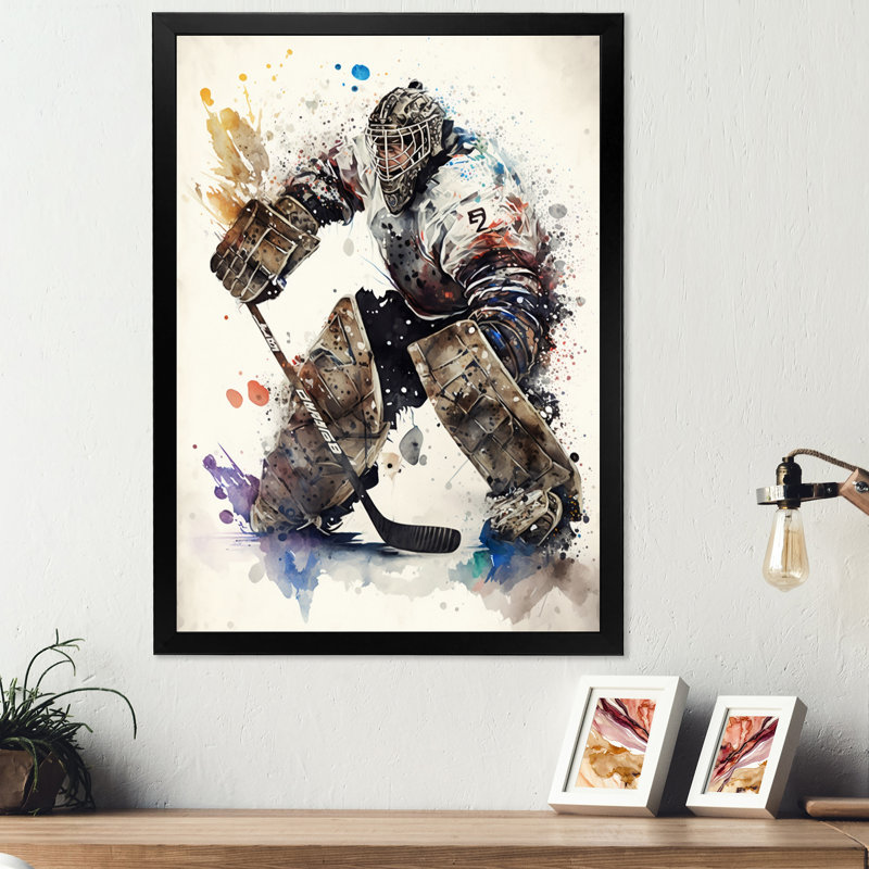 Hockey Hockey Gardien V - Impression sur toile, H 32 po x l 24 po x P 1 po, Impression noire sur toile encadrée