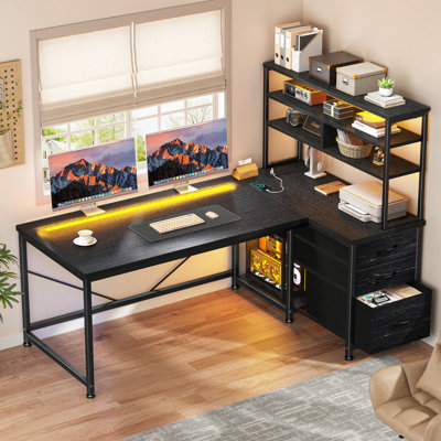 60" Tall L-Shaped Computer Desk with 3-Tier Shelf & Fabric Drawers LED Lights, Power Strip,– Sturdy Gaming Workstation for Home Office, Large Storage, Easy Assembly