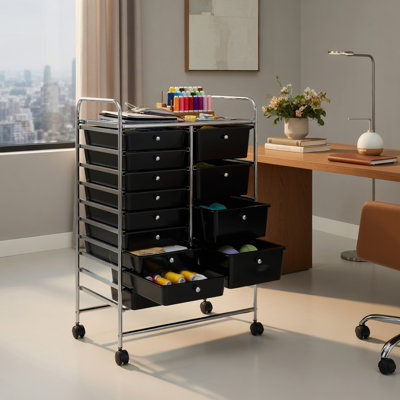  Chariot de rangement roulant à 15 tiroirs avec cadre en métal chromé, organisateur mobile robuste pour la maison, le dortoir et le bureau, noir