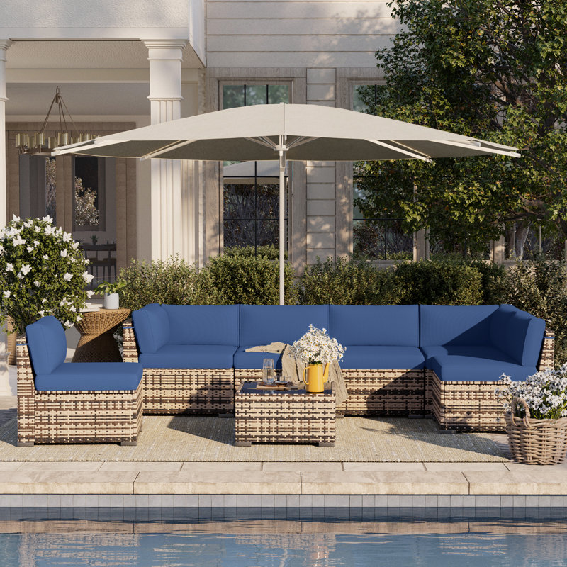 6 person Rattan Sectional Seating Group with Cushions, Blue, No, Brown
