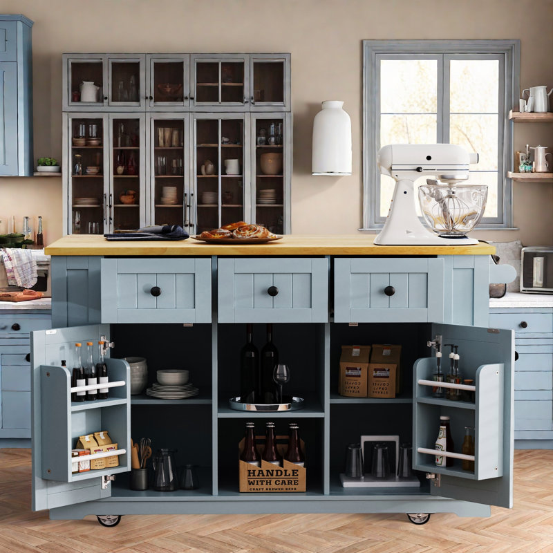 Chariot de cuisine avec plateau en bois manufacturé Braidon, Bleu
