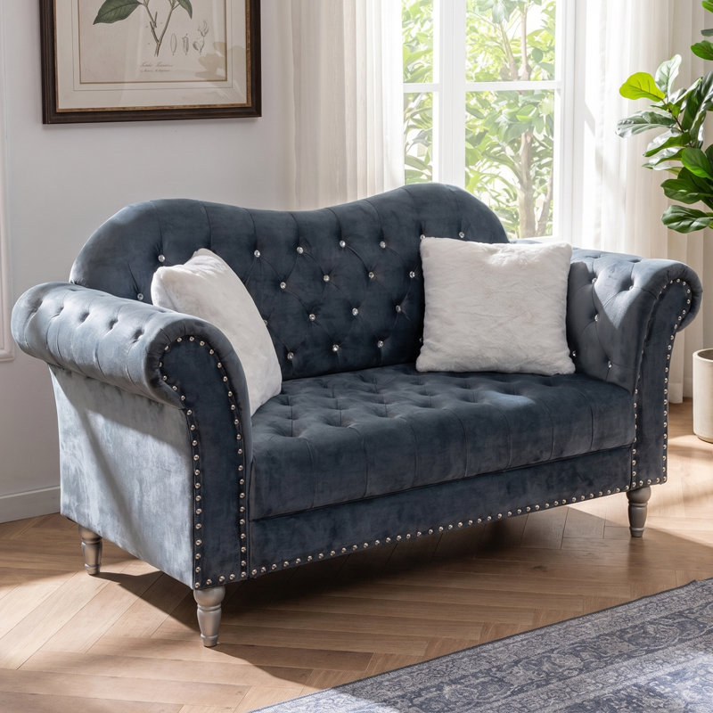 Causeuse en velours 66,5 po, Chesterfield touffeté à losanges cristal, gris, Gris