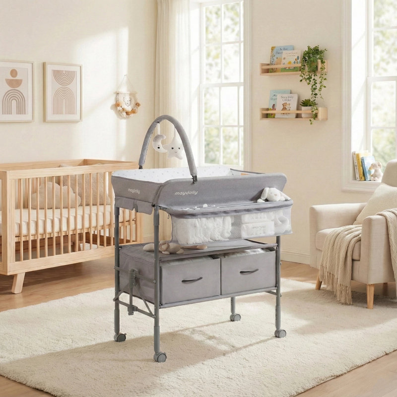 Table à langer pour bébé avec tiroirs de rangement et roues verrouillables imperméables, Gris