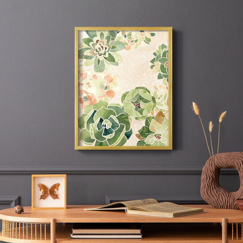 Vitrail succulentes I, reproduction encadrée - bois massif, Or, H 28 po x l 22 po
