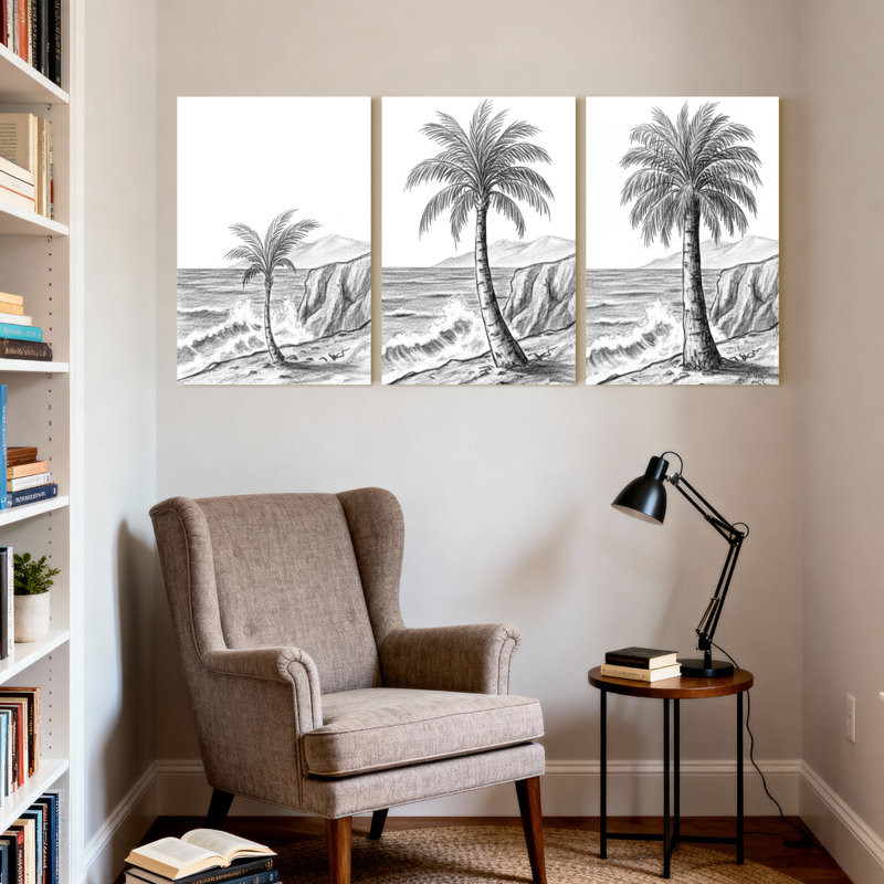 Palmiers, palmiers, vagues de l'océan, paysage de montagne, ensemble de 3 impressions sur toile, H 18 po x l 36 po